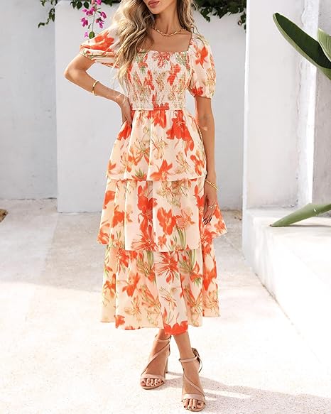 BTFBM Womens Square Neck Smocked Dress Summer Puff Short Sleeve Floral Casual Ruffle Tiered Maxi Wedding Guest Dresses