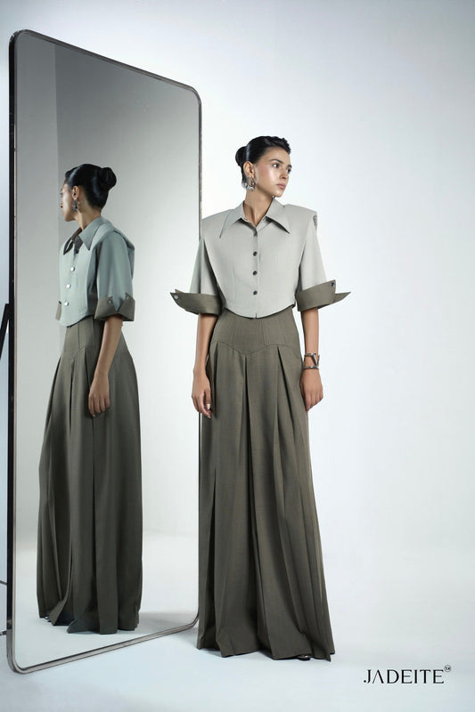 Front & Back Ivory Crop-Shirt & Van Ash Grey Pants